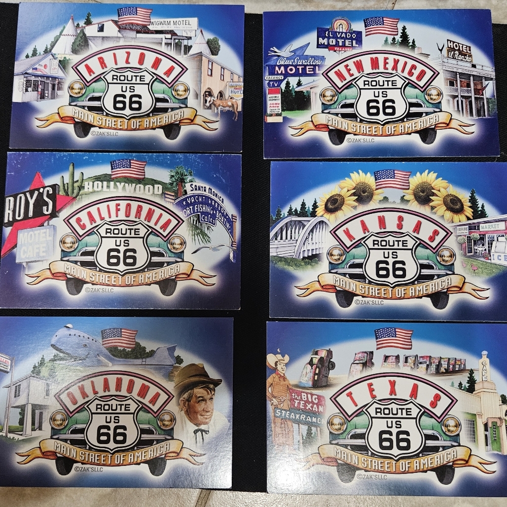 Set of 6 Route 66 postcards In Mint Condition. 6 States